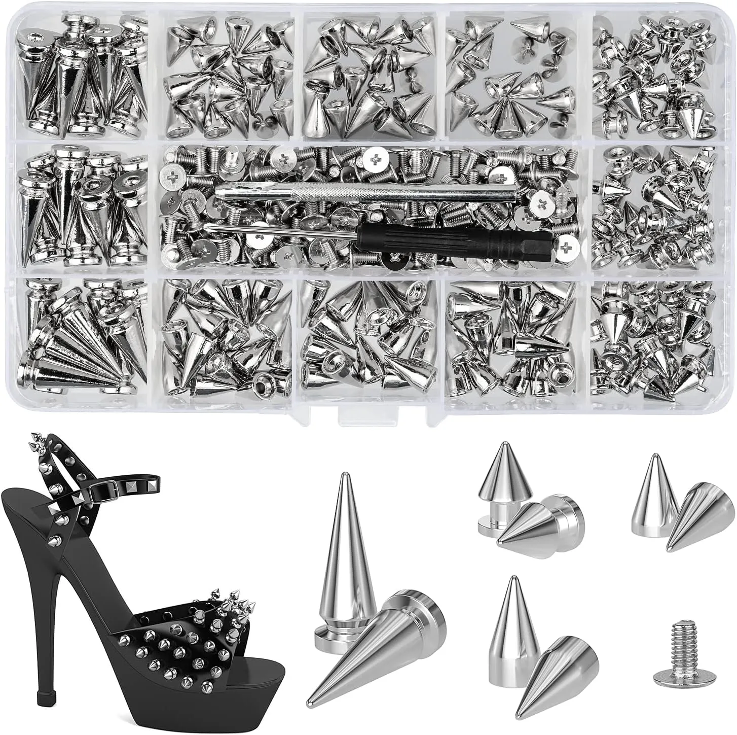 180 Sets Punk Spikes and Studs Kit, Multiple Size Cone Spikes for Clothing, Punk Rock Style Studs and Spikes for DIY Leathercraft Decoration, Suitable for Clothing, Dog Collars, Belts, Bags