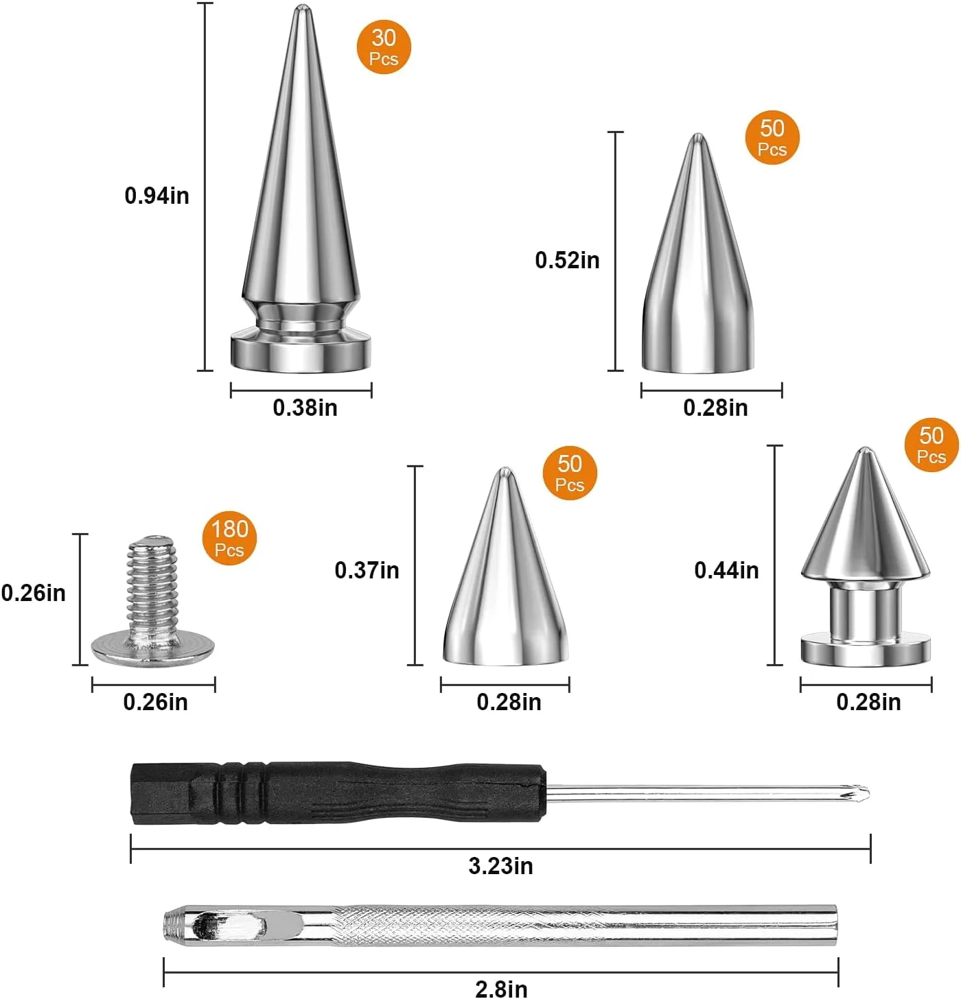 180 Sets Punk Spikes and Studs Kit, Multiple Size Cone Spikes for Clothing, Punk Rock Style Studs and Spikes for DIY Leathercraft Decoration, Suitable for Clothing, Dog Collars, Belts, Bags