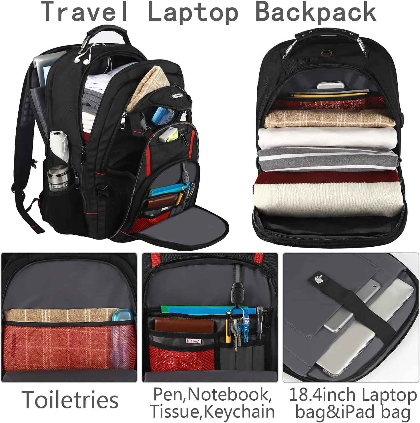 18.4 '' Laptop Backpack for Men,Women,55L Extra Large Travel Laptop Backpack with USB Charger Port,Headphone Hole,Chest Strap,TSA Friendly Flight Approved RFID Anti-theft Water Resistant Rugby Pocket