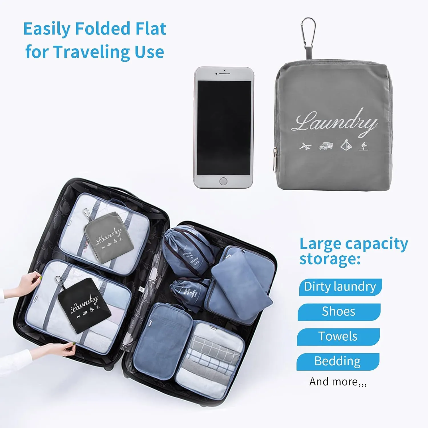 2 Pcs JHX Travel Laundry Bags, Dirty Clothes OrganizerUpgradedwith Handles and Aluminum Carabiner for Travel, Camp, Fitness, and Students (Black&Grey) 24"L x 21"W