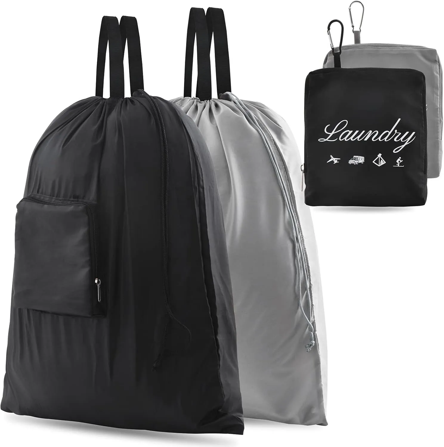 2 Pcs JHX Travel Laundry Bags, Dirty Clothes OrganizerUpgradedwith Handles and Aluminum Carabiner for Travel, Camp, Fitness, and Students (Black&Grey) 24"L x 21"W