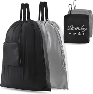 2 Pcs JHX Travel Laundry Bags, Dirty Clothes OrganizerUpgradedwith Handles and Aluminum Carabiner for Travel, Camp, Fitness, and Students (Black&Grey) 24"L x 21"W