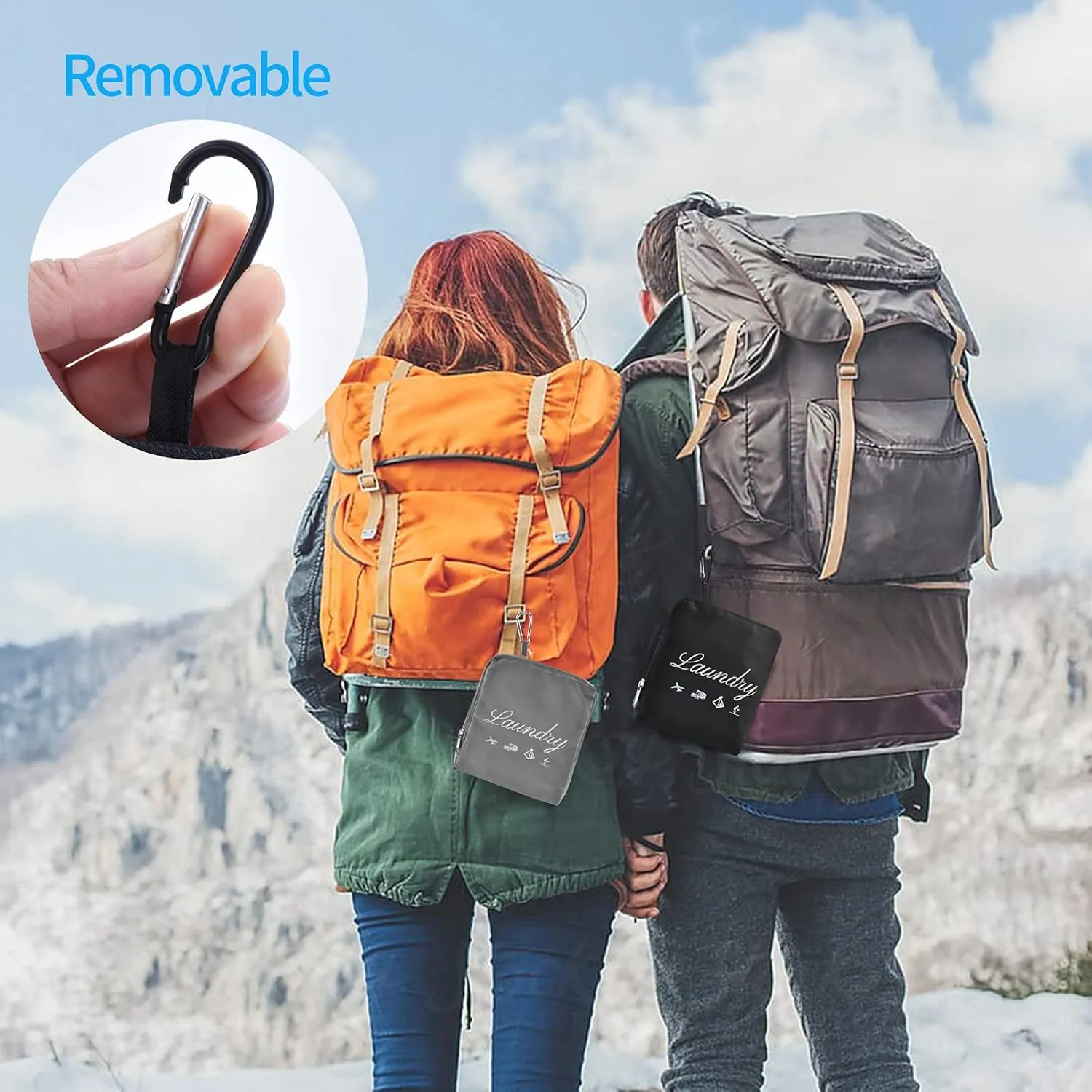 2 Pcs JHX Travel Laundry Bags, Dirty Clothes OrganizerUpgradedwith Handles and Aluminum Carabiner for Travel, Camp, Fitness, and Students (Black&Grey) 24"L x 21"W