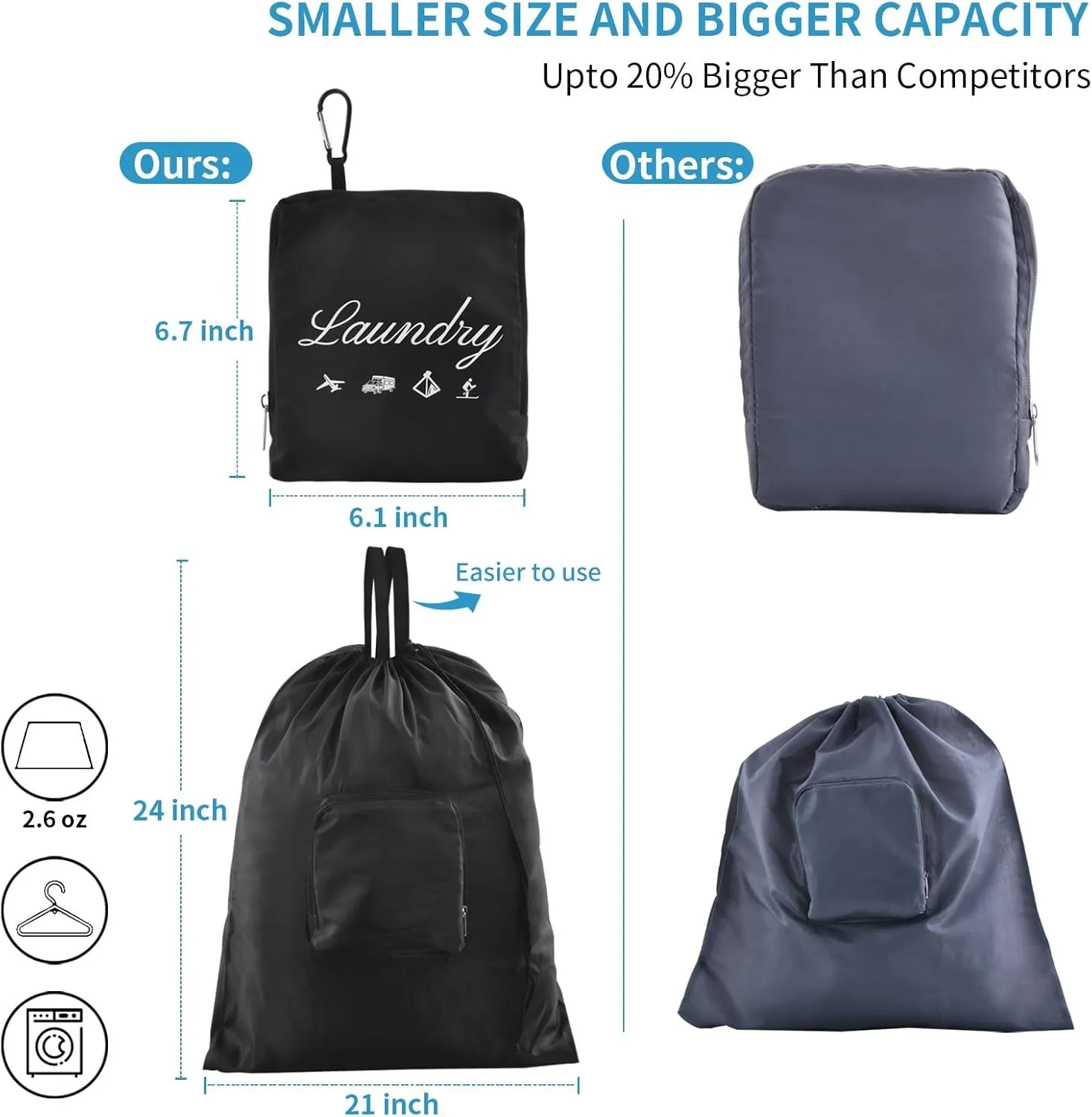 2 Pcs JHX Travel Laundry Bags, Dirty Clothes OrganizerUpgradedwith Handles and Aluminum Carabiner for Travel, Camp, Fitness, and Students (Black&Grey) 24"L x 21"W