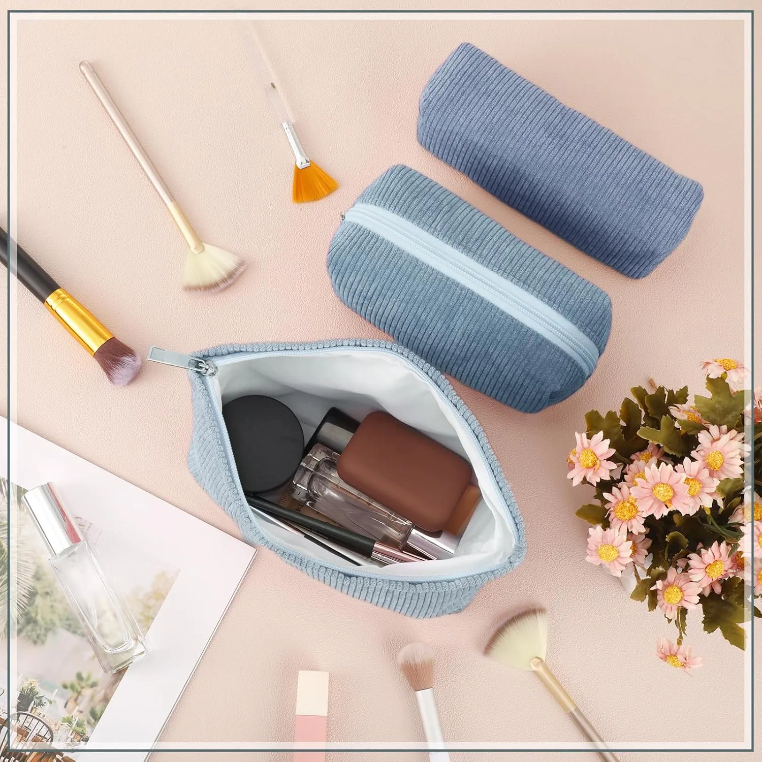 3 Pcs Makeup Bag Set for Women Corduroy Cosmetic Pouch Aesthetic Smile Travel Toiletry Bag Cute Purse Pouch Pencil Case Makeup Brushes Storage Organizer with Zipper(Blue,Gradient)