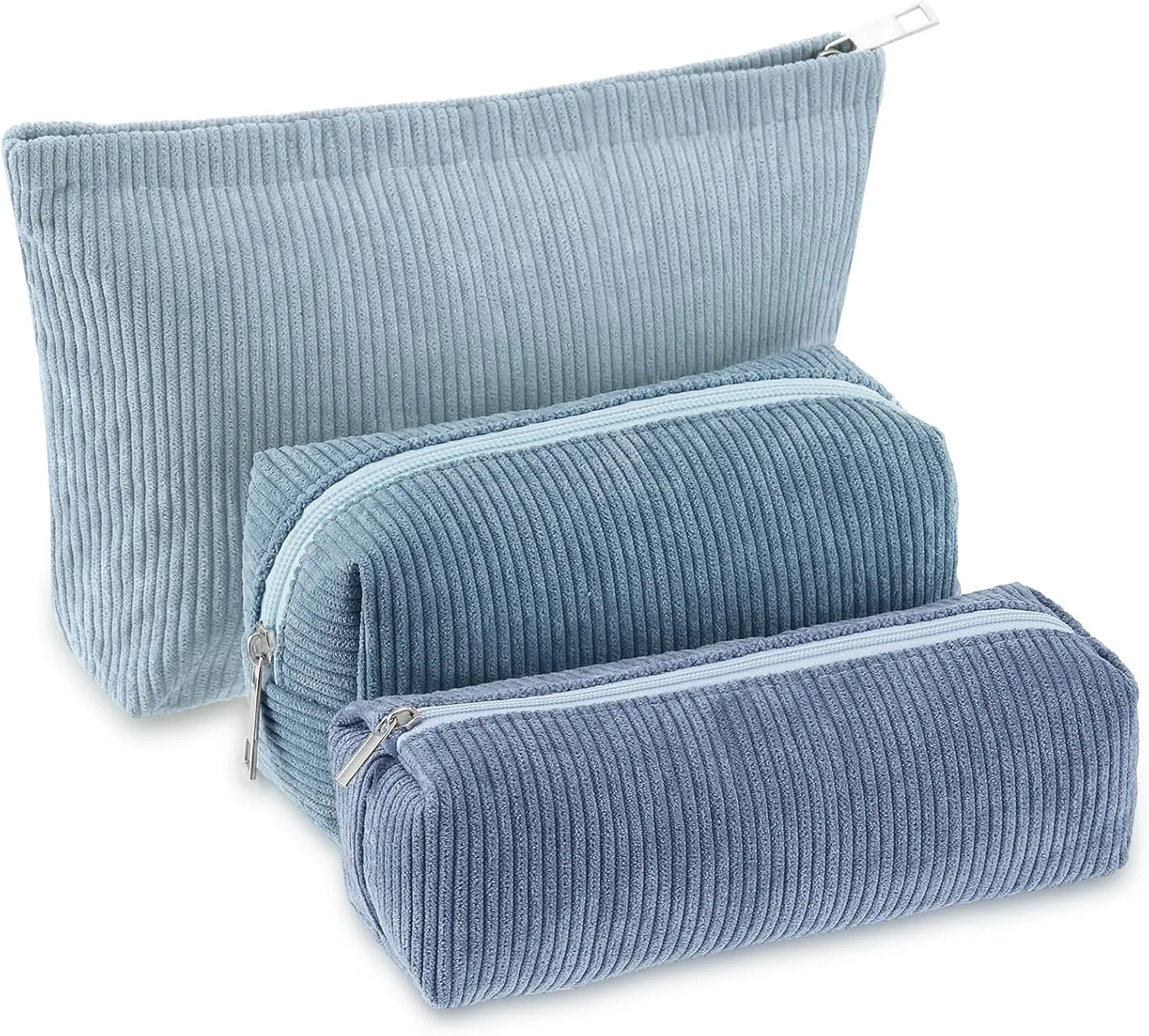 3 Pcs Makeup Bag Set for Women Corduroy Cosmetic Pouch Aesthetic Smile Travel Toiletry Bag Cute Purse Pouch Pencil Case Makeup Brushes Storage Organizer with Zipper(Blue,Gradient)