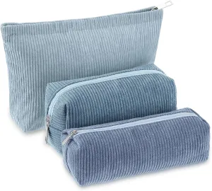 3 Pcs Makeup Bag Set for Women Corduroy Cosmetic Pouch Aesthetic Smile Travel Toiletry Bag Cute Purse Pouch Pencil Case Makeup Brushes Storage Organizer with Zipper(Blue,Gradient)
