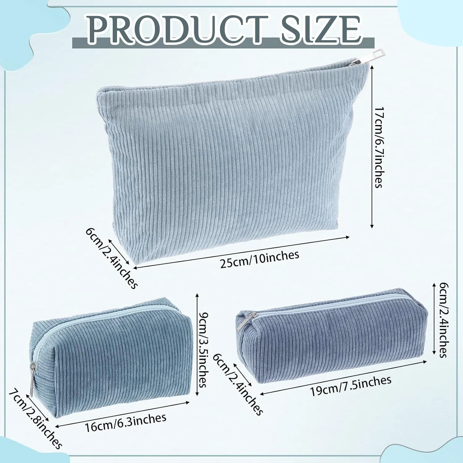 3 Pcs Makeup Bag Set for Women Corduroy Cosmetic Pouch Aesthetic Smile Travel Toiletry Bag Cute Purse Pouch Pencil Case Makeup Brushes Storage Organizer with Zipper(Blue,Gradient)