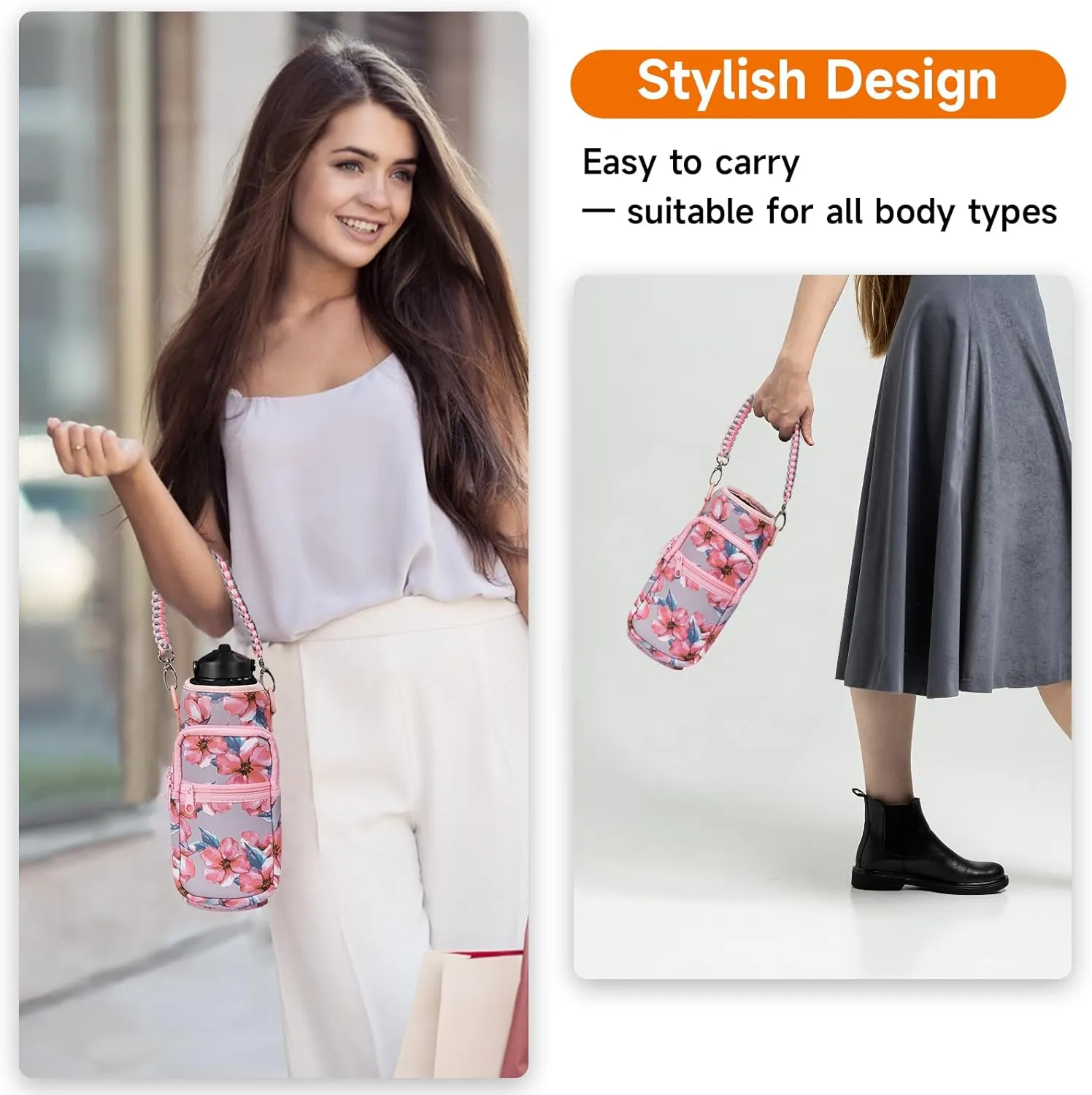 32/40/64/128 oz Neoprene Insulated Water Bottle Carrier Bag, Sling Bag Sleeve Pouch Holder with Strap & Paracord Handle and 2 Pocket for Travelling, Hiking, Camping