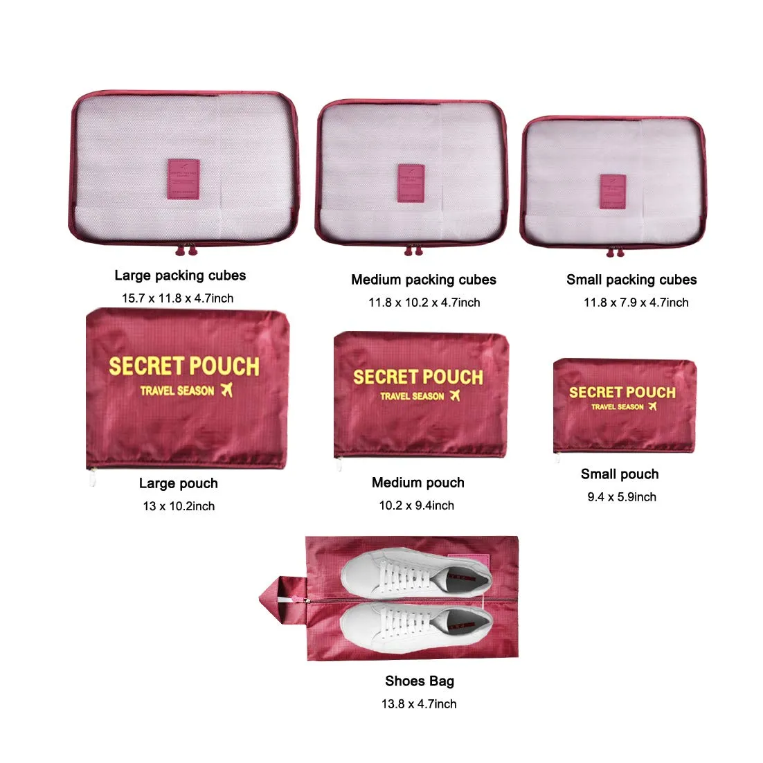 7PCS Packing Cubes for Suitcases, TOYESS Waterproof Nylon Luggage Storage Bags Value Set for Travel and Backpacking, Red Wine 7pcs-red Wine