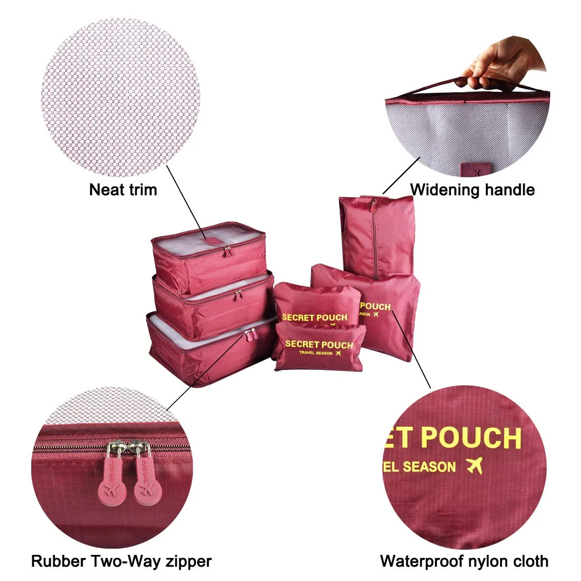 7PCS Packing Cubes for Suitcases, TOYESS Waterproof Nylon Luggage Storage Bags Value Set for Travel and Backpacking, Red Wine 7pcs-red Wine