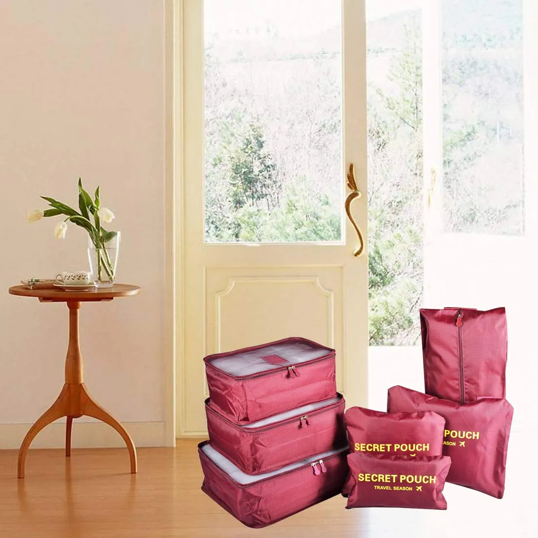 7PCS Packing Cubes for Suitcases, TOYESS Waterproof Nylon Luggage Storage Bags Value Set for Travel and Backpacking, Red Wine 7pcs-red Wine