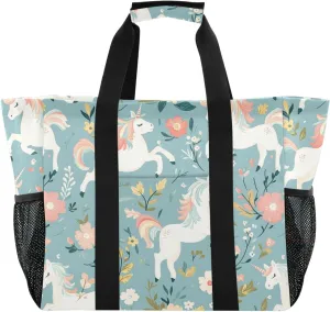 ALAZA Flower Unicorn Pattern Waterproof Beach Tote Bags
