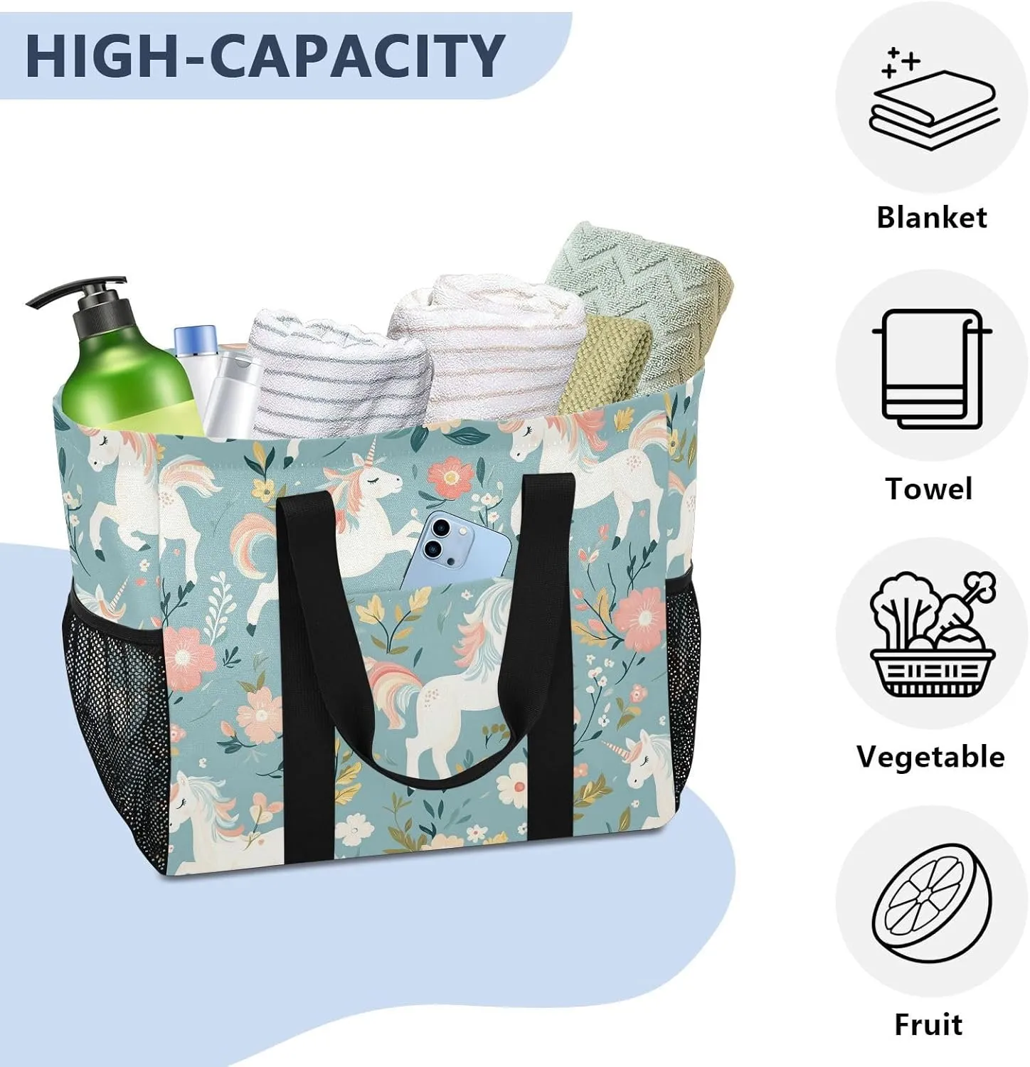 ALAZA Flower Unicorn Pattern Waterproof Beach Tote Bags
