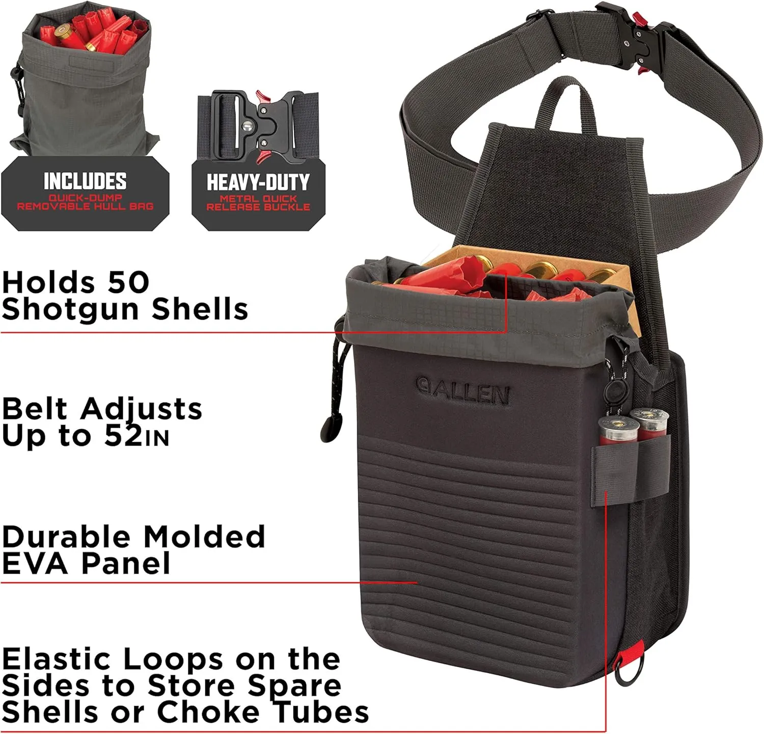 Allen CompanyAllen Company Competitor Double Compartment Molded Shell Bag, Holds 50 Empty Hulls, Includes Quick Dump Removal Hull Bag and Heavy-Duty Release BuckleGray