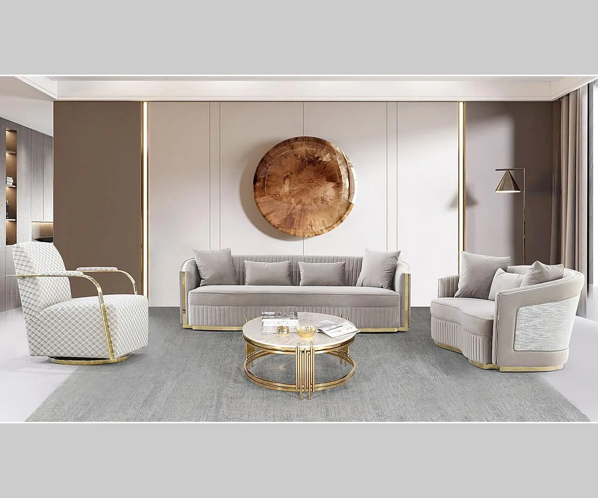 Beige Plush Velvet Loveseat Sofa With Gold Stainless Steel Base- Model Giselle