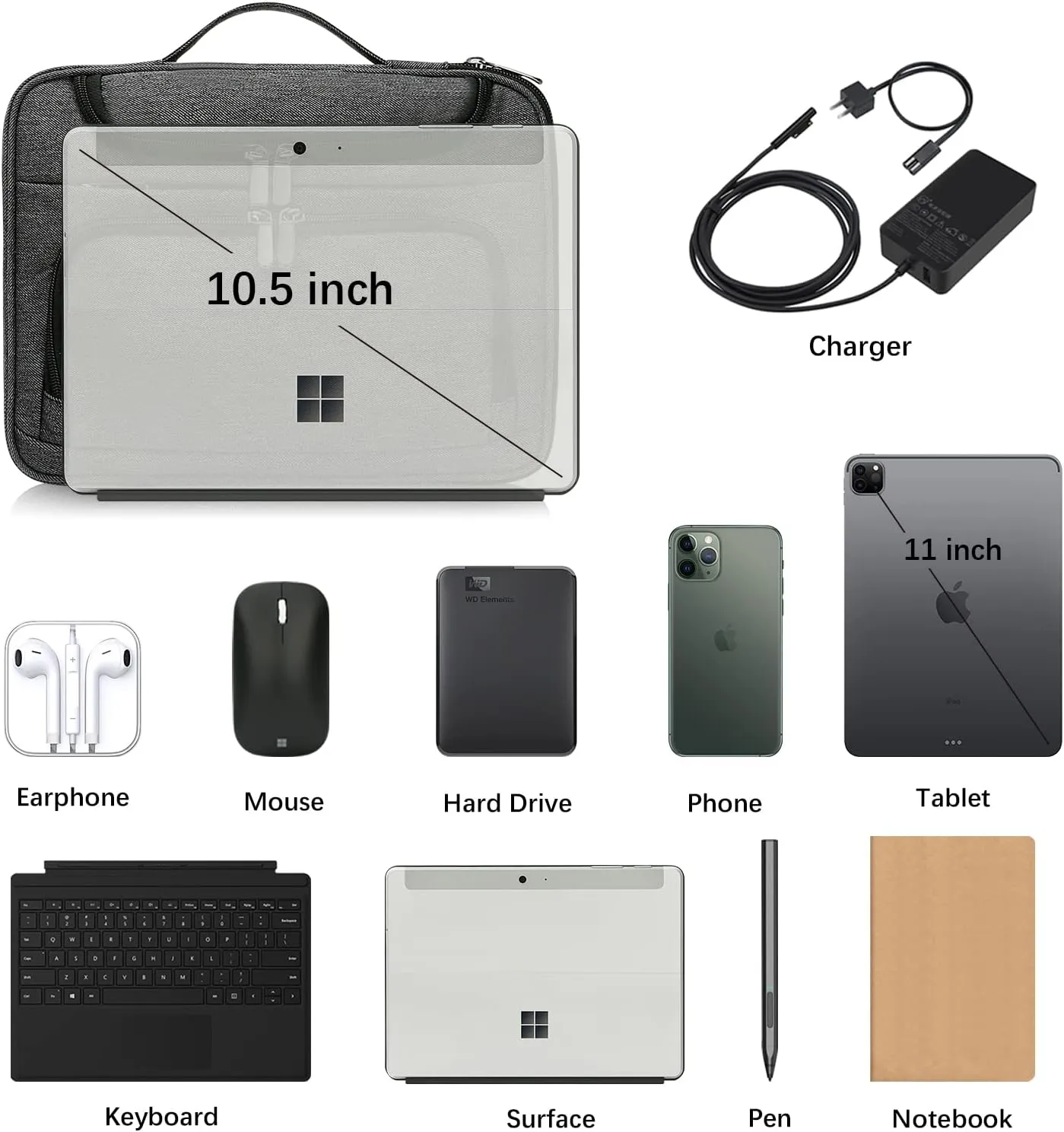 BERTASCHE Dark Grey Tablet Sleeve Bag for 11 inch iPad Pro, Air, Surface Go, Galaxy Tab, Business Tablet Carrying Case, 5 Pockets Compartment, Lightweight