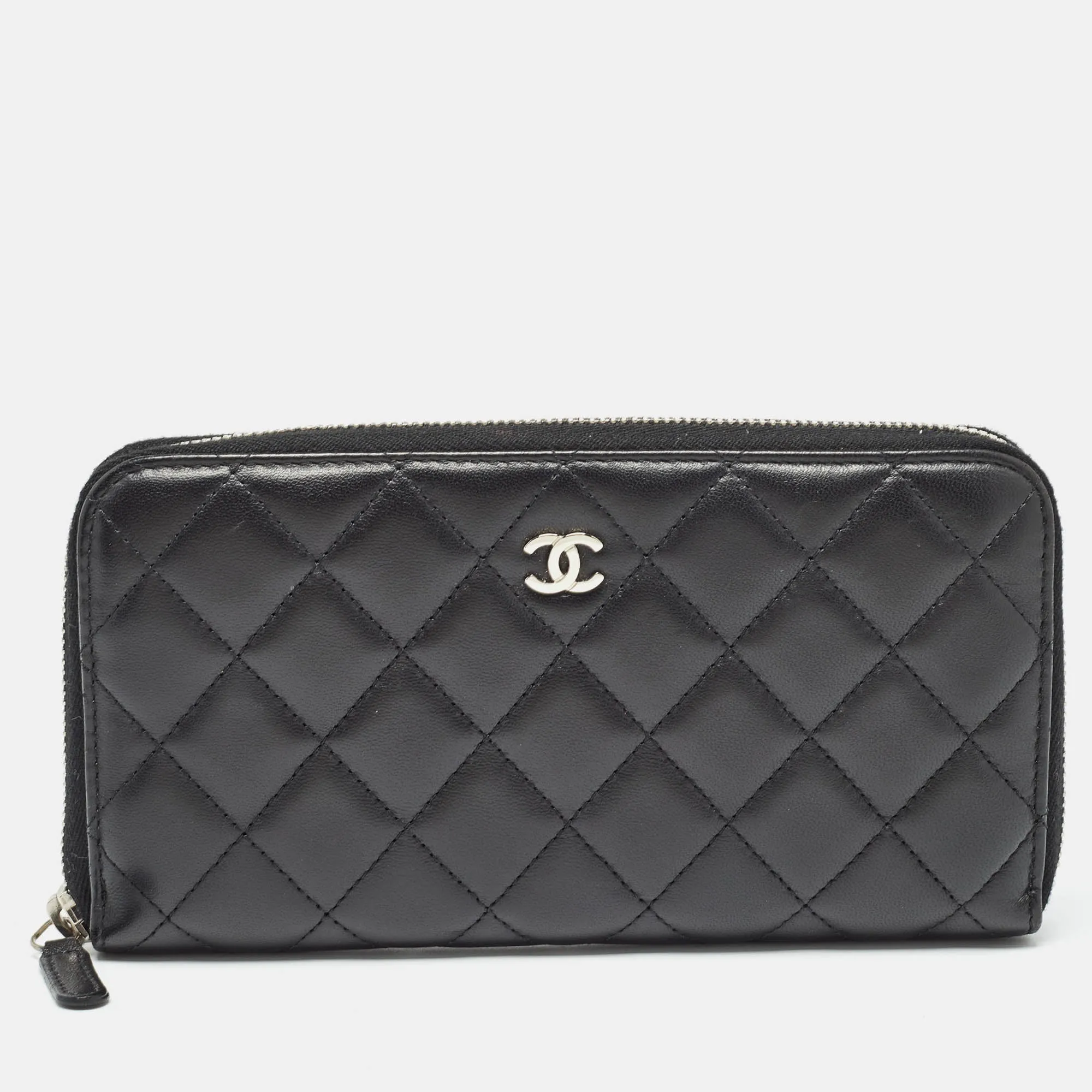 Black Quilted Leather Classic Zip Around Wallet