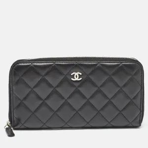 Black Quilted Leather Classic Zip Around Wallet