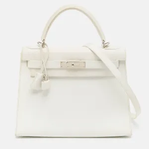 Blanc Epsom Leather Palladium Finish Kelly Sellier 28 Bag