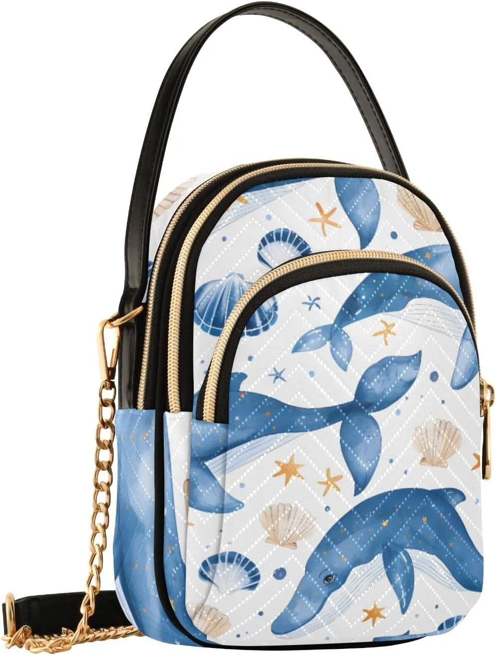 Blue Whales with Seashells and Stars Quilted Crossbody Bags for Women Girls Small Shoulder Handbags Sling Bag