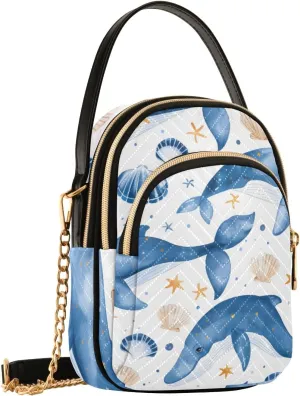 Blue Whales with Seashells and Stars Quilted Crossbody Bags for Women Girls Small Shoulder Handbags Sling Bag