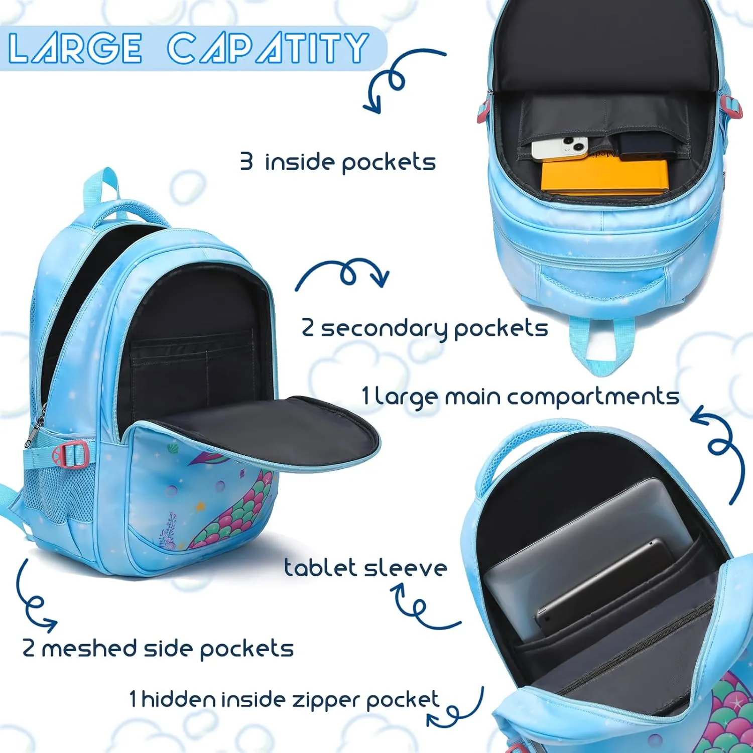 BLUEFAIRY Kids Backpack for Girls Elementary School Bags Kindergarten Primary School Bags Bookbags Back to School Book Bags Gifts Large Campartments Mochilas para Nios 17" Mermaid Blue