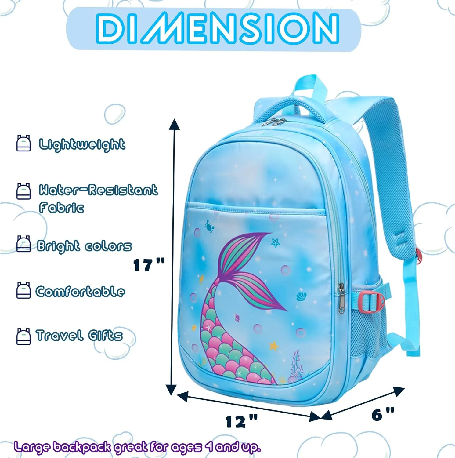 BLUEFAIRY Kids Backpack for Girls Elementary School Bags Kindergarten Primary School Bags Bookbags Back to School Book Bags Gifts Large Campartments Mochilas para Nios 17" Mermaid Blue