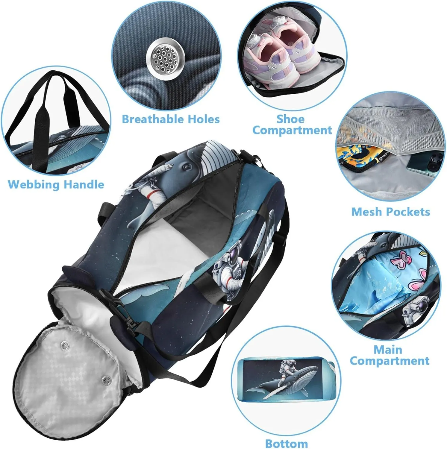 Boys Carry on Duffel Overnight Weekender Duffel Funny Astronaut Riding Whale Girls Duffle Bags for Travel with Shoulder Strap