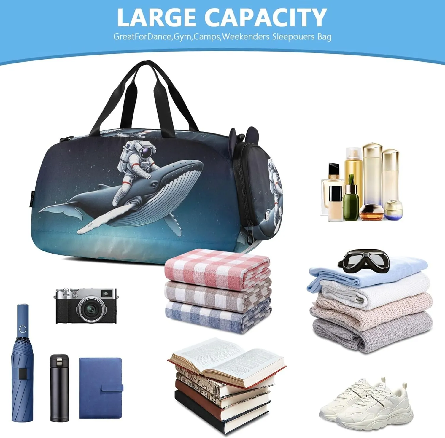 Boys Carry on Duffel Overnight Weekender Duffel Funny Astronaut Riding Whale Girls Duffle Bags for Travel with Shoulder Strap