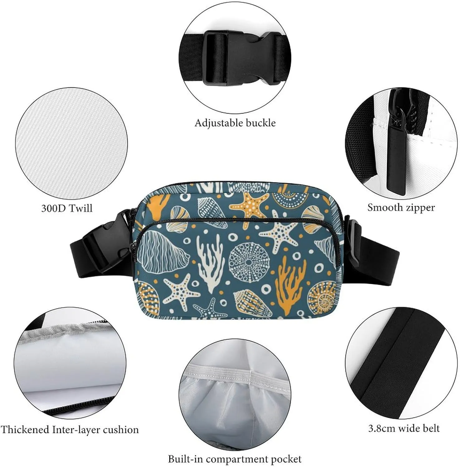Cartoon Marine Animals Belt Bag Fanny Pack for Women Men Starfish Shell Coral Crossbody Waist Bag Pack Adjustable Casual Bag for Travel Running Workout Cycling