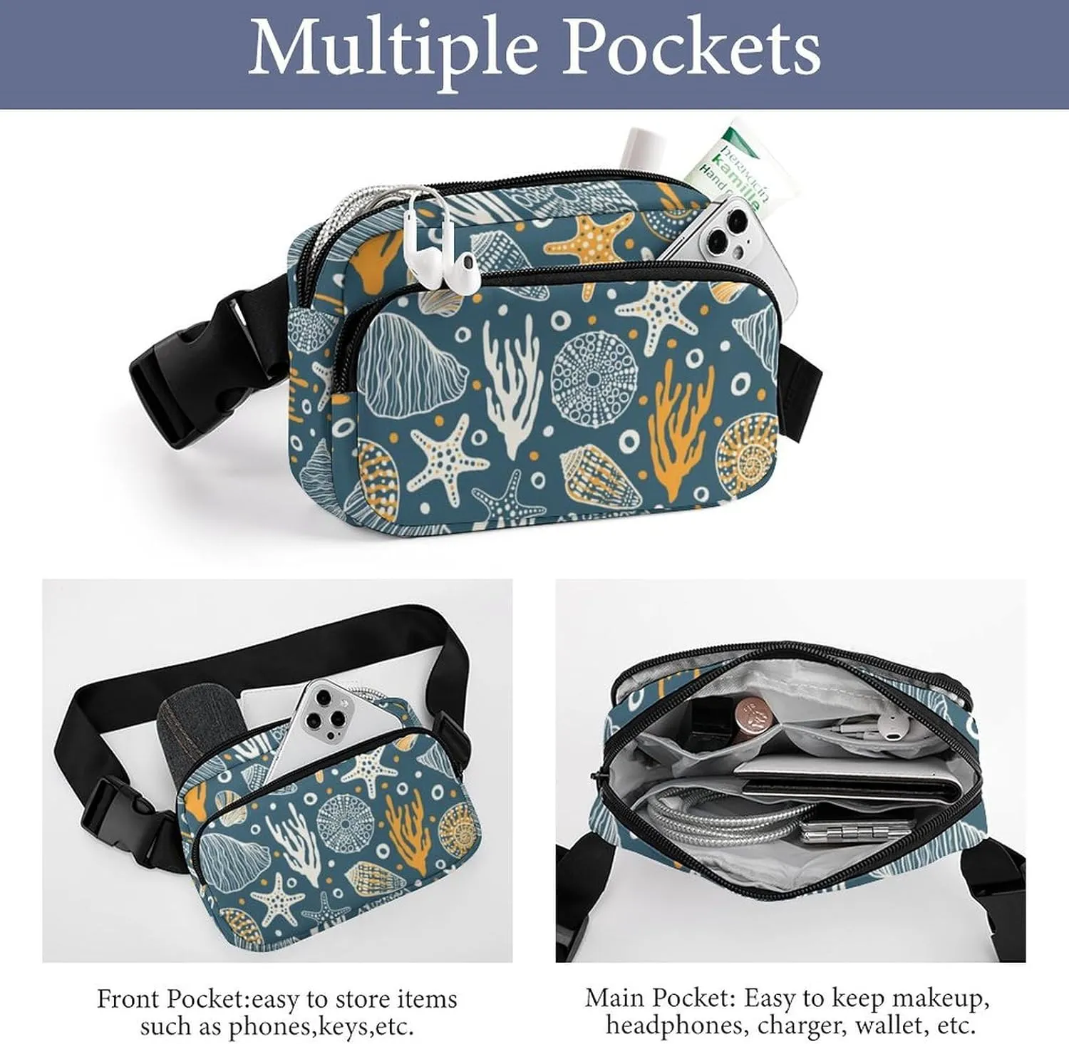 Cartoon Marine Animals Belt Bag Fanny Pack for Women Men Starfish Shell Coral Crossbody Waist Bag Pack Adjustable Casual Bag for Travel Running Workout Cycling