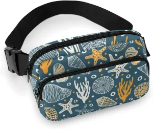 Cartoon Marine Animals Belt Bag Fanny Pack for Women Men Starfish Shell Coral Crossbody Waist Bag Pack Adjustable Casual Bag for Travel Running Workout Cycling