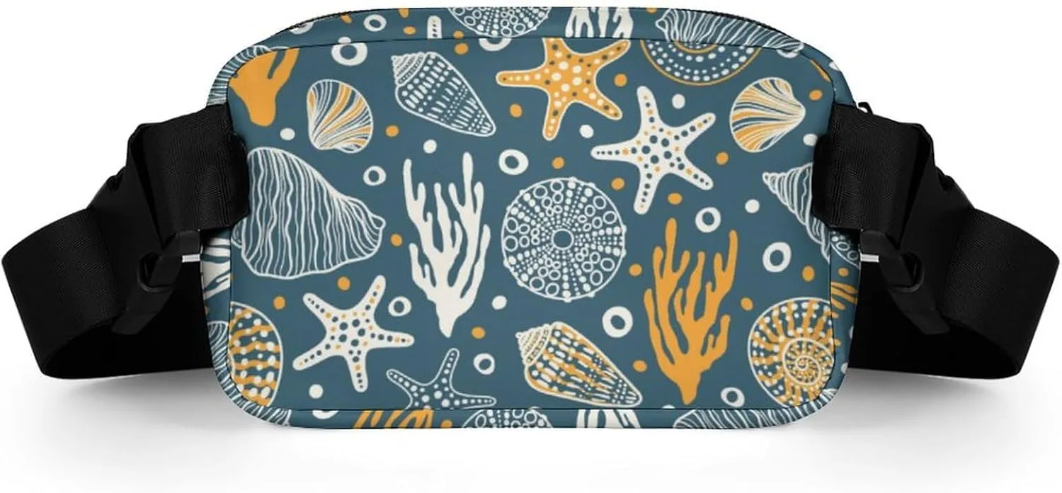 Cartoon Marine Animals Belt Bag Fanny Pack for Women Men Starfish Shell Coral Crossbody Waist Bag Pack Adjustable Casual Bag for Travel Running Workout Cycling