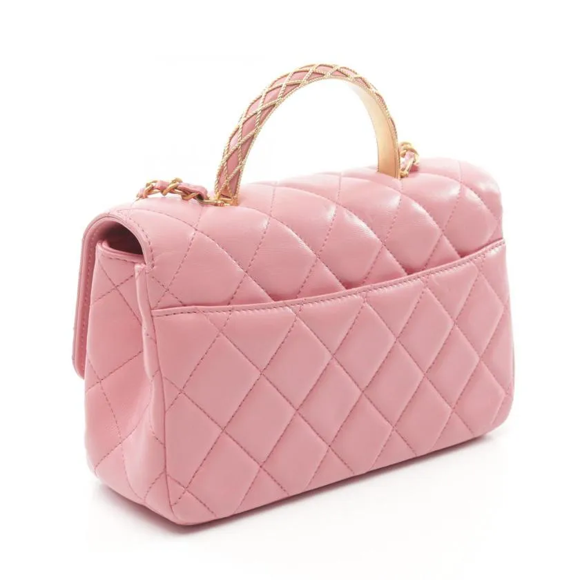 Chanel Matelasse Pink Lambskin Top Handle Flap Chain Shoulder Bag Gold Hardware 2WAY