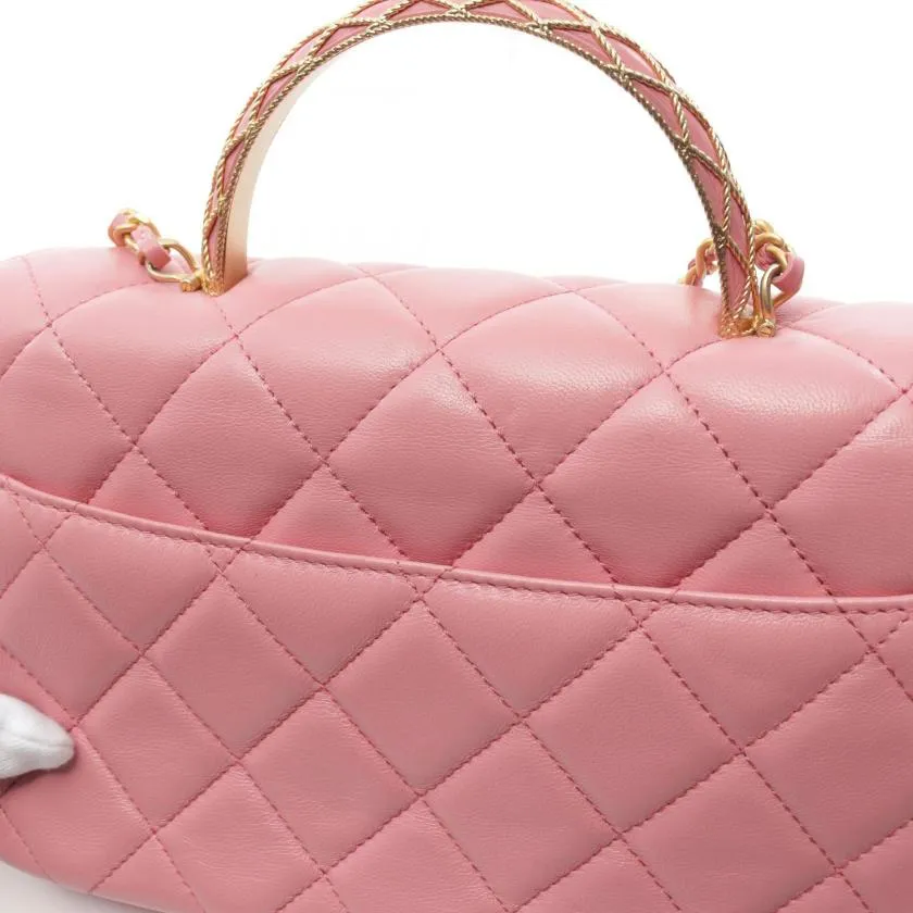 Chanel Matelasse Pink Lambskin Top Handle Flap Chain Shoulder Bag Gold Hardware 2WAY
