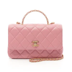 Chanel Matelasse Pink Lambskin Top Handle Flap Chain Shoulder Bag Gold Hardware 2WAY