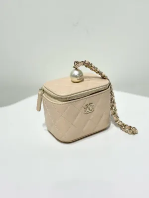 Chanel Vanity Case Beige Quilted Leather Mini with Chain Pearl Detail