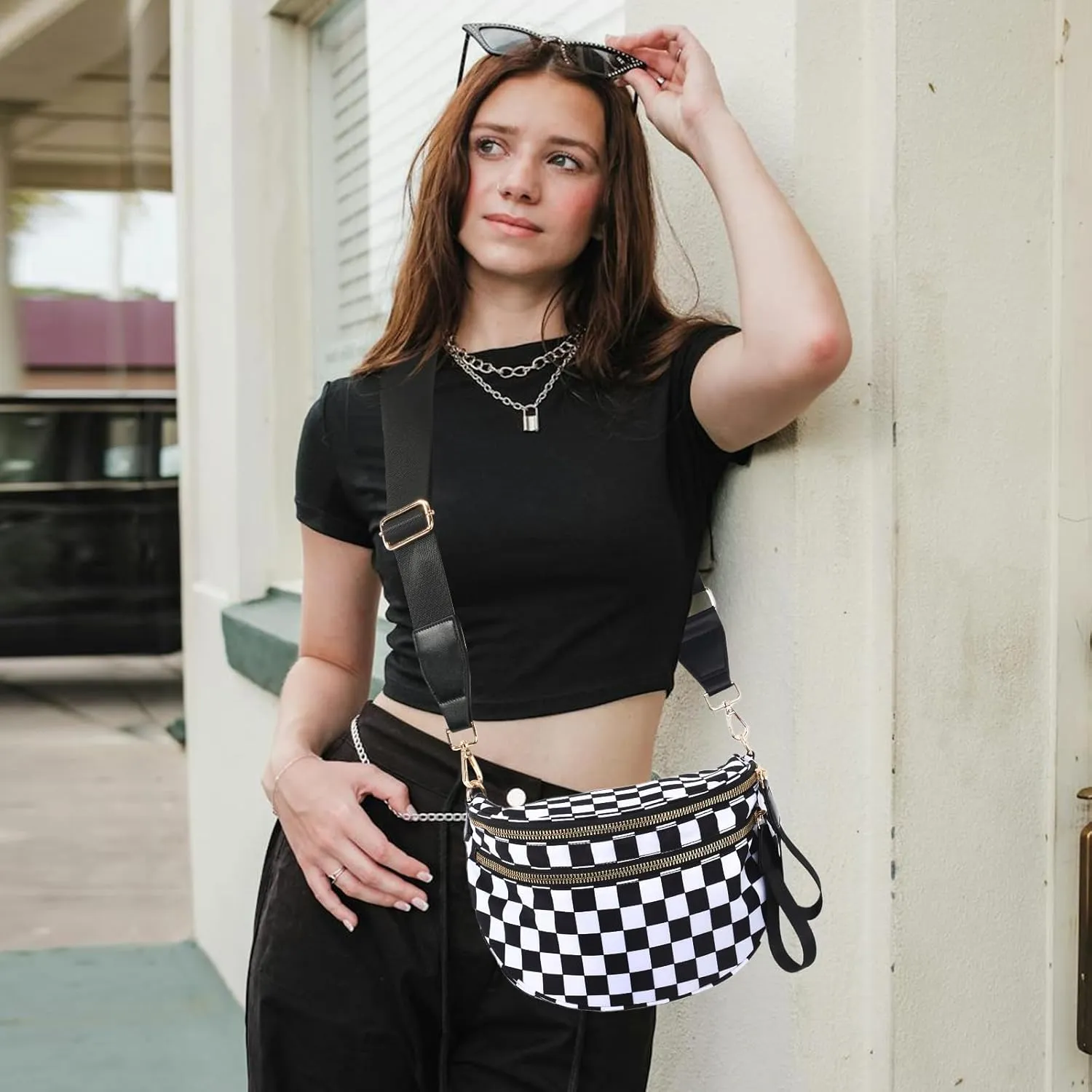 Checkered Crossbody Bags Bum Bag for Women Large Sling Bag Purse with Adjustable StrapBlack Checkered