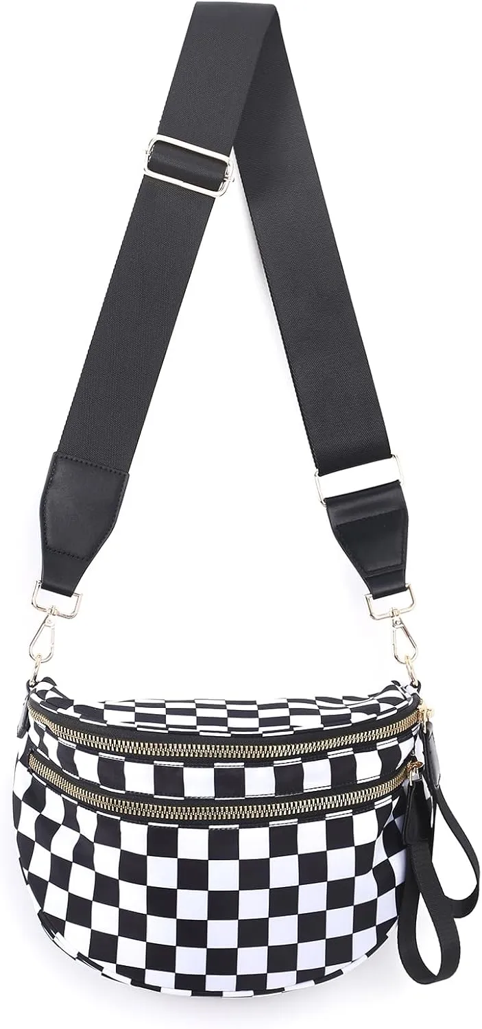 Checkered Crossbody Bags Bum Bag for Women Large Sling Bag Purse with Adjustable StrapBlack Checkered