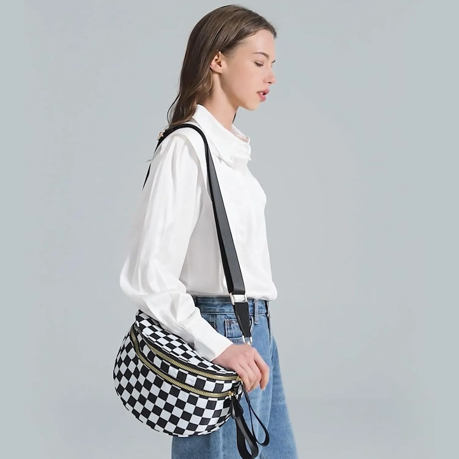 Checkered Crossbody Bags Bum Bag for Women Large Sling Bag Purse with Adjustable StrapBlack Checkered
