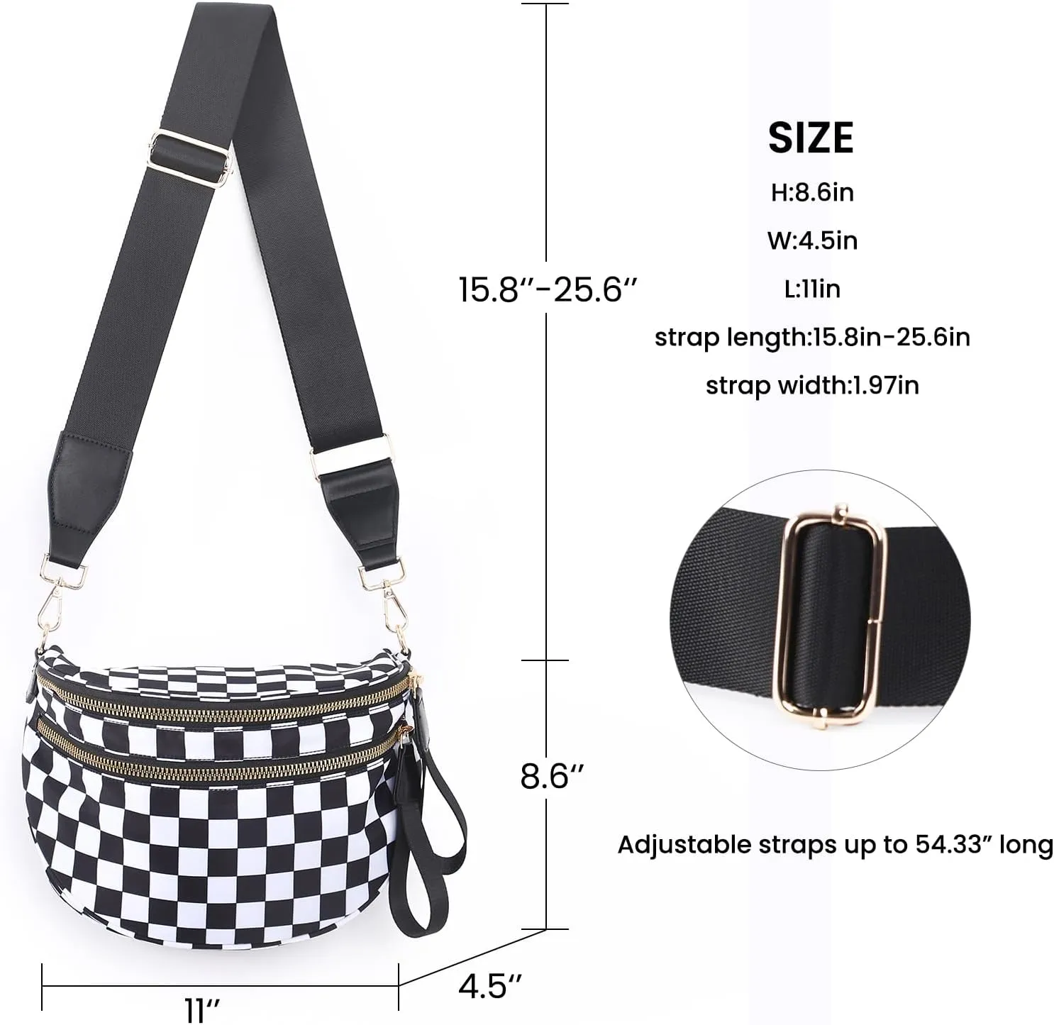 Checkered Crossbody Bags Bum Bag for Women Large Sling Bag Purse with Adjustable StrapBlack Checkered