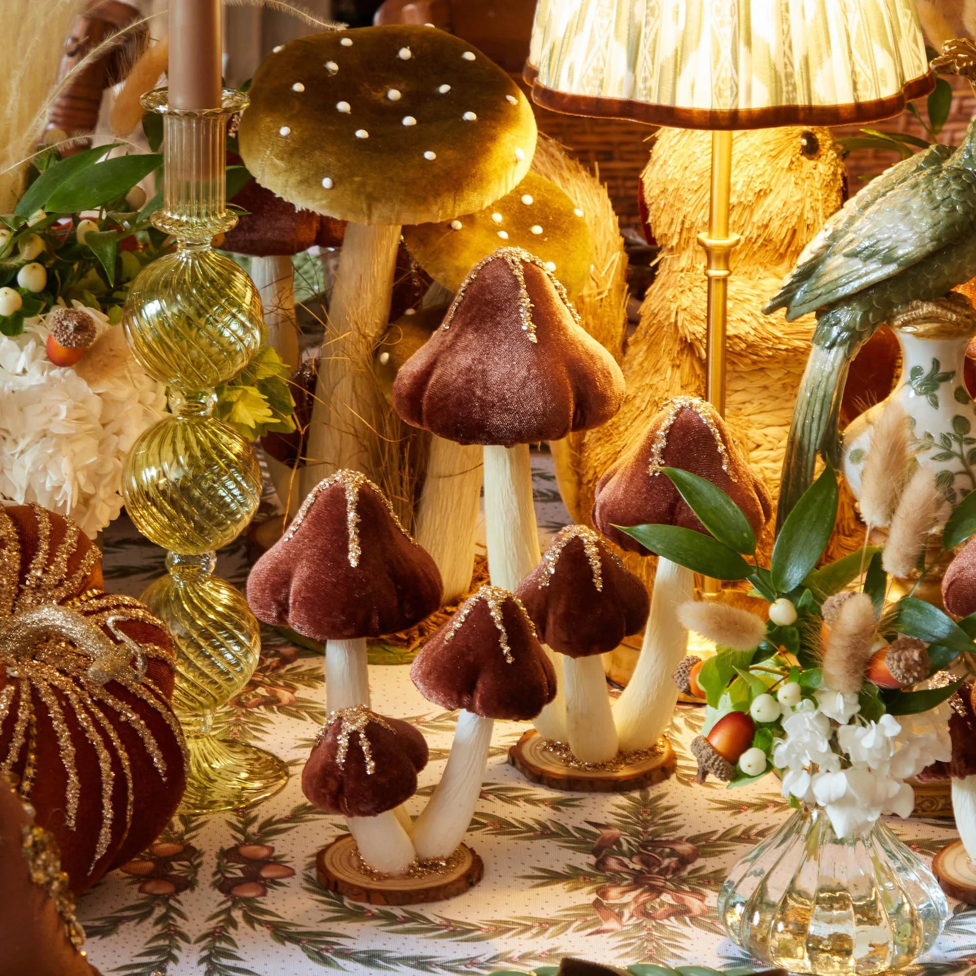 Chocolate Glitter Velvet Mushroom (Pair) - 25cm