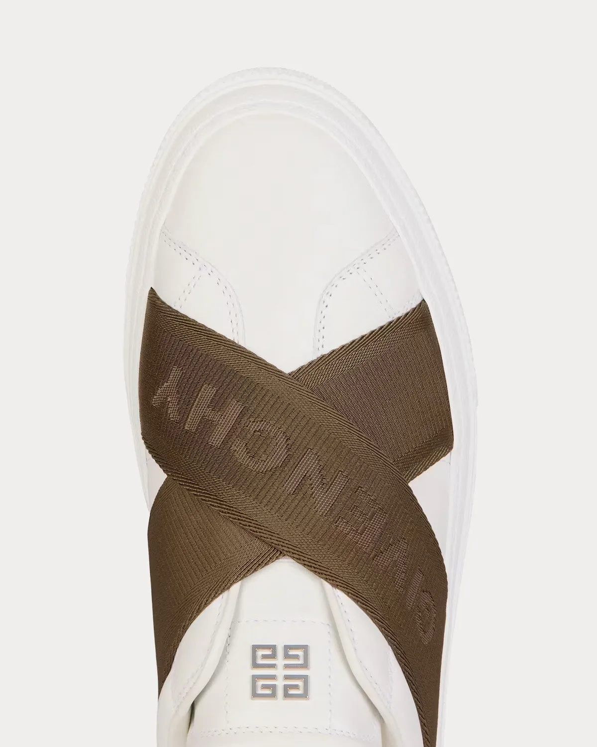 City Sport Leather Double Webbing Strap White / Khaki Slip On Sneakers