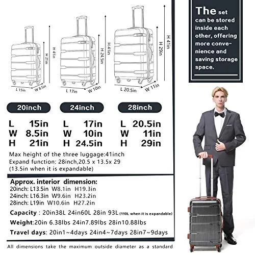 Coolife 3  Piece Expandable Luggage Spinner Set - New Charcoal