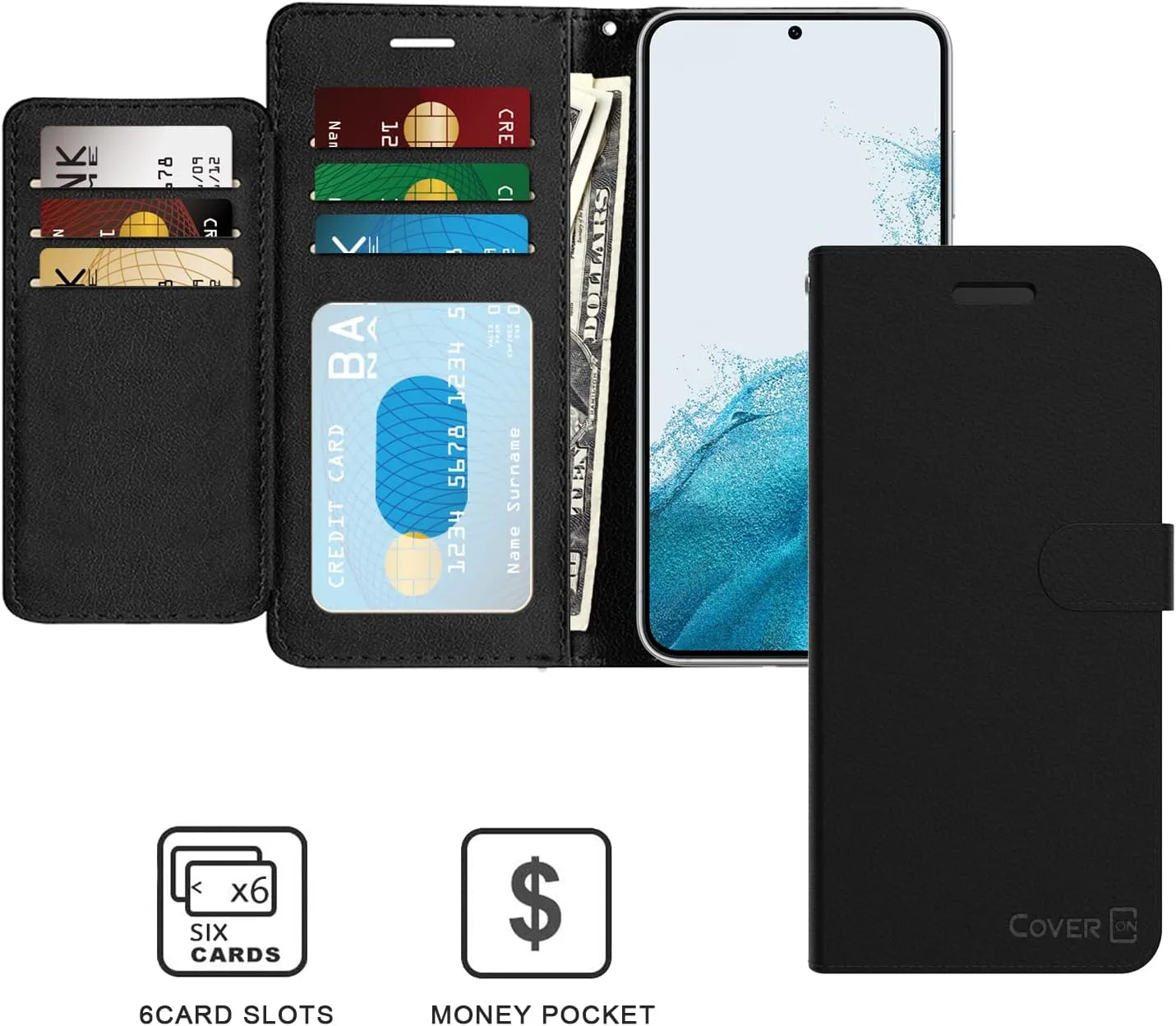 CoverON Pouch for Galaxy S23 Plus Wallet Case, RFID Blocking Flip Folio Stand Vegan Leather Phone Cover Carrying Sleeve 6 Credit Card Holder Clutch Fit Galaxy S23  Case - Black