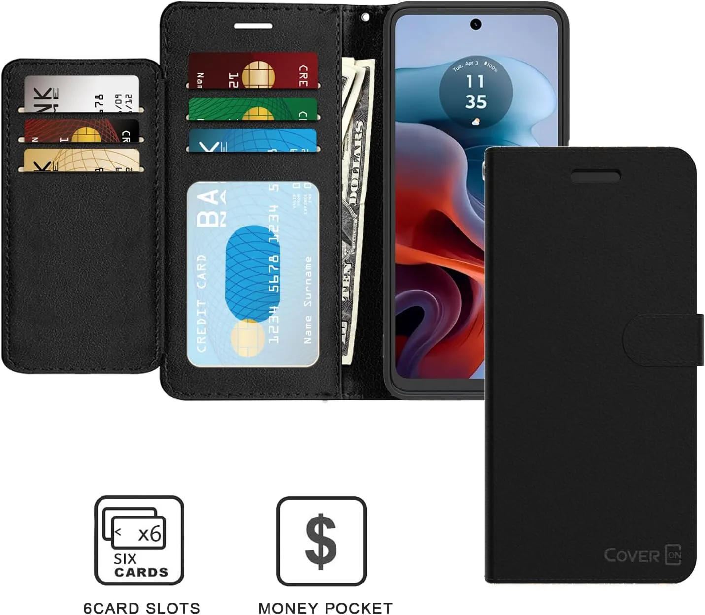 CoverON Pouch for Motorola Moto G 5G (2024) / Moto G Play 5G 2024 Leather Case, Wallet RFID Blocking Flip Folio Vegan Leather Phone Carrying Sleeve Credit Card Clutch - Black