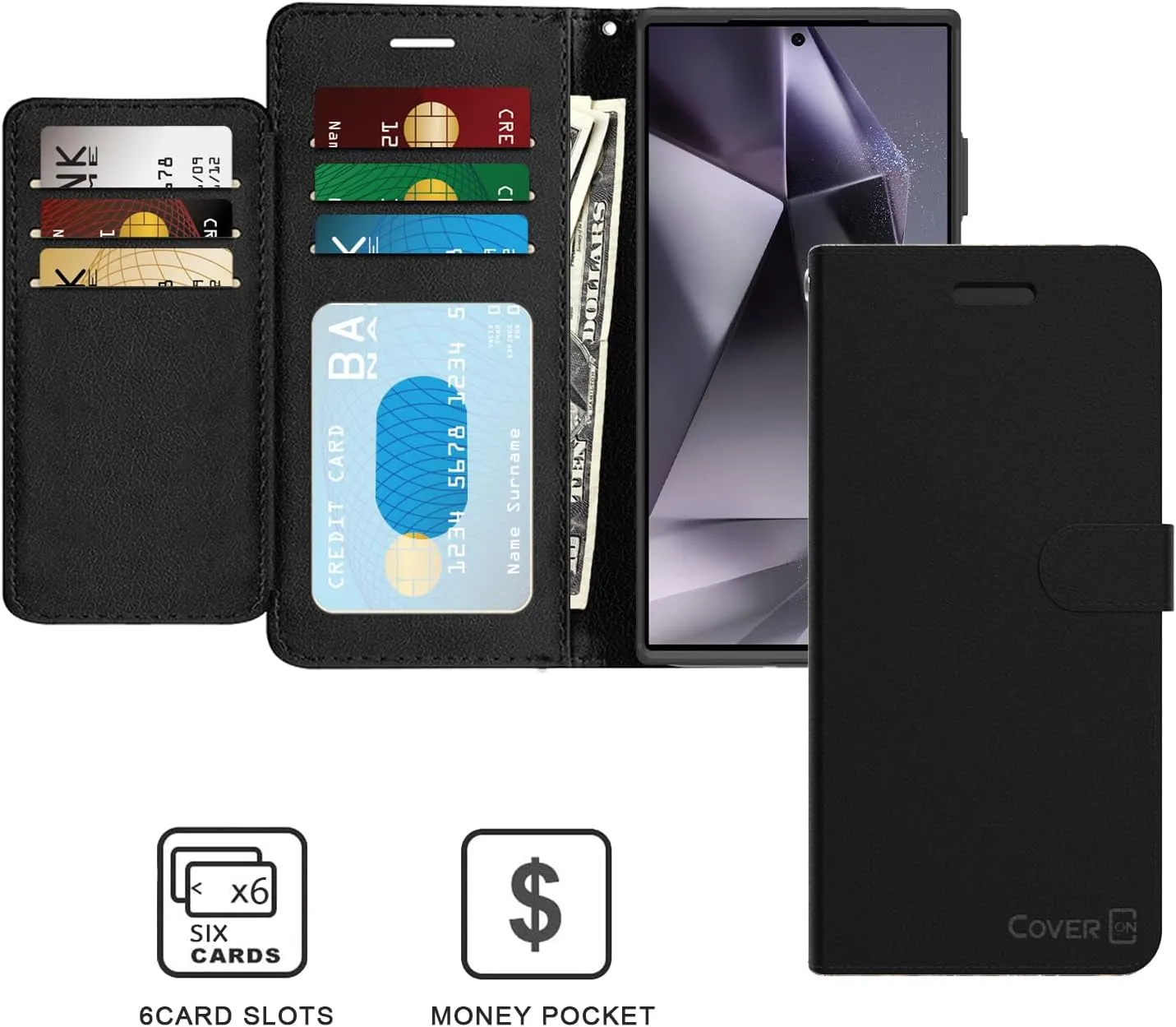CoverON Pouch for Samsung Galaxy S25 Ultra Leather Case, Wallet RFID Blocking Flip Folio Vegan Leather Phone Carrying Sleeve Credit Card Clutch Fit Galaxy S25 Ultra 5G Case - Black