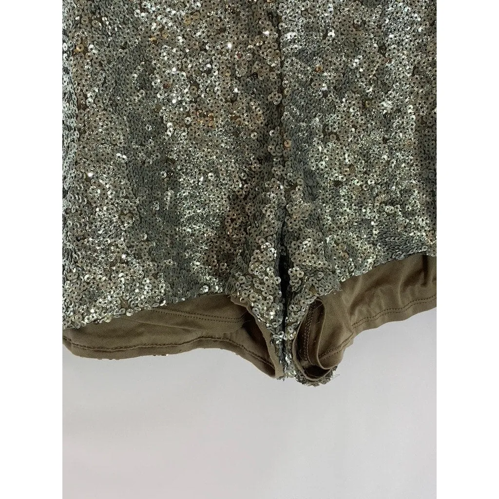 EXPRESS Women's Tan Sequin Embellished Shortie Extreme High-Rise Shorts SZ 14