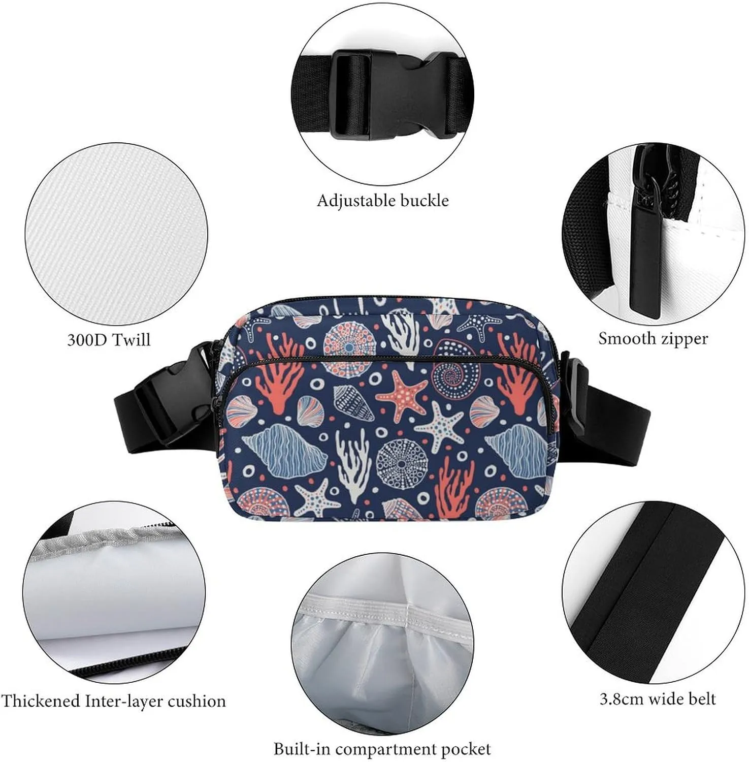 Fanny Pack for Women Men Undersea World Belt Bag Starfish Shell Coral Waist Pack Bum Bag for Running Cycling Hiking Travel Workout with Adjustable Strap